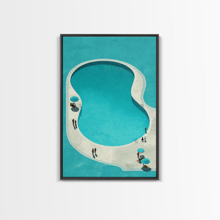 Minimal Turquoise Resort Pool Framed Canvas Print, Midcentury Modern Wall Art, Palm Springs Retro Travel Poster Living Room Decor