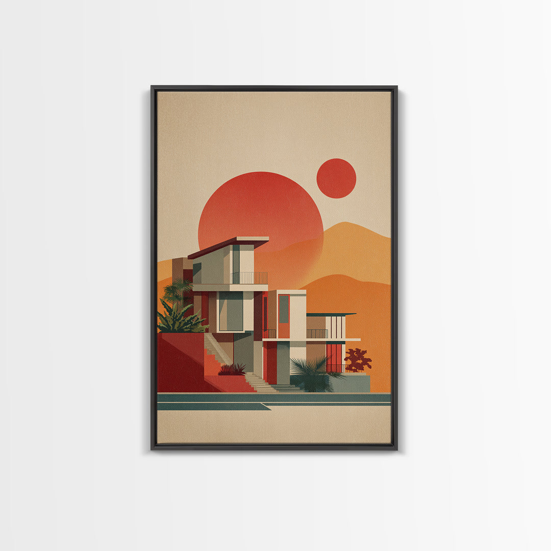 Desert Modernist House With Red Sun Wall Art, Mid Century Modern Poster, Retro Palm Springs Decor, Architectural Art Print