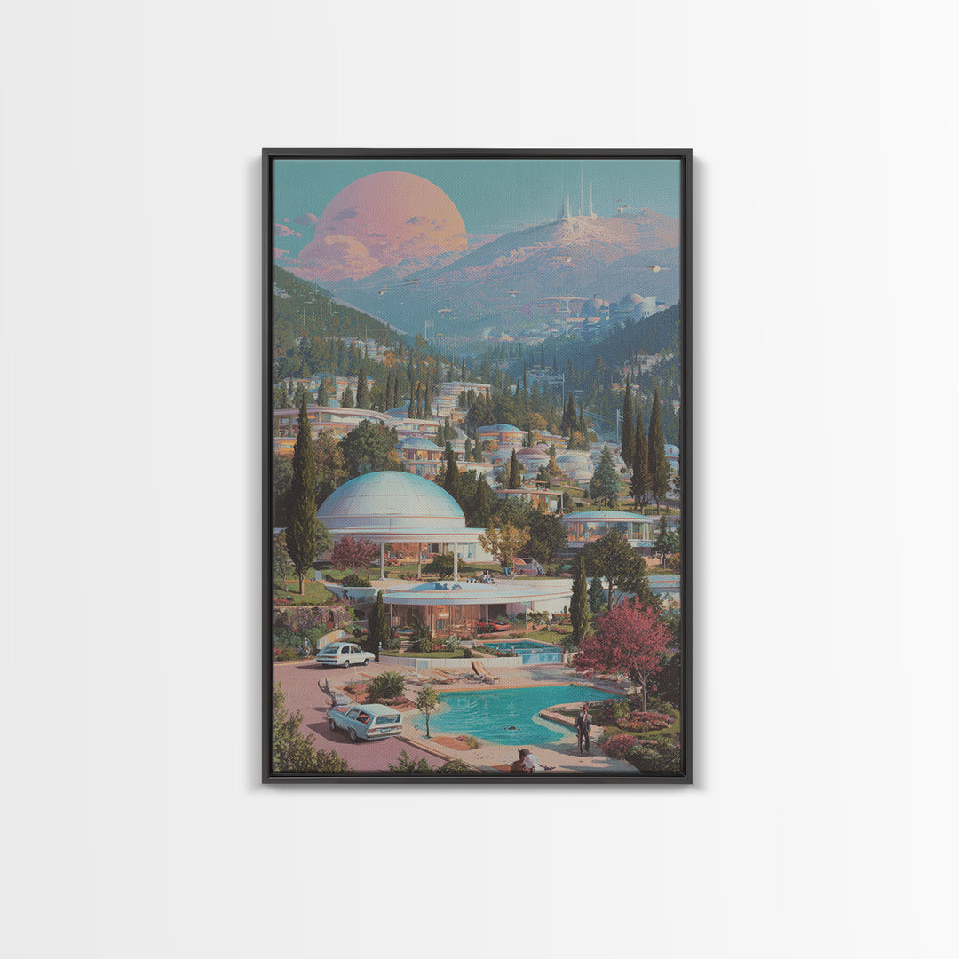 Futuristic Mountain Resort With Pink Moon Wall Art, Midcentury Modern Sci Fi Poster, Retro Travel Print, Scenic Home Decor