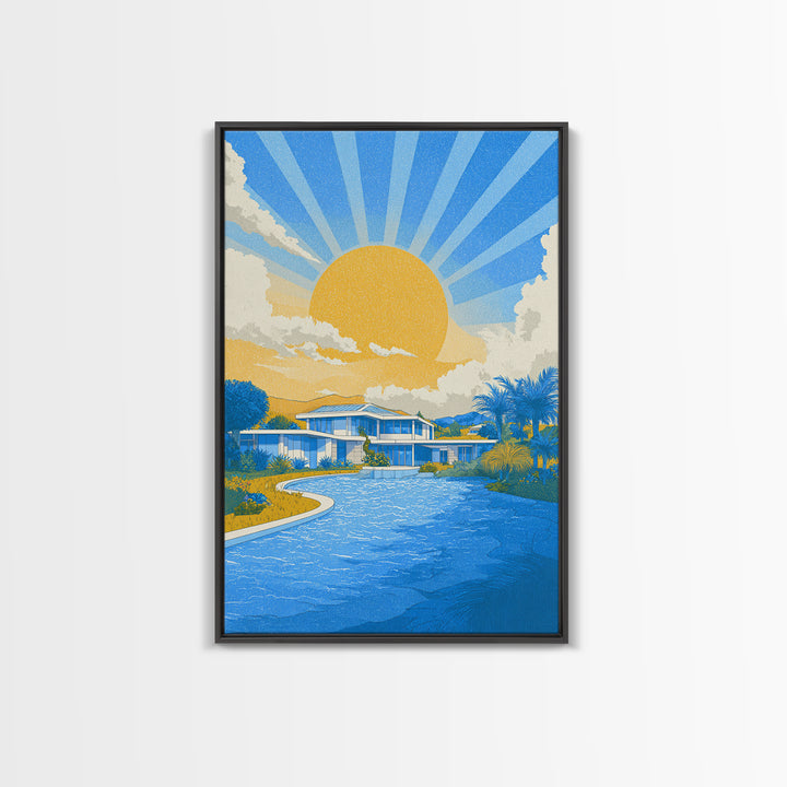 Blue Poolside Modern House With Sun Rays Framed Canvas Print, Mid Century Modern Wall Art, Tropical Palm Springs Decor Poster