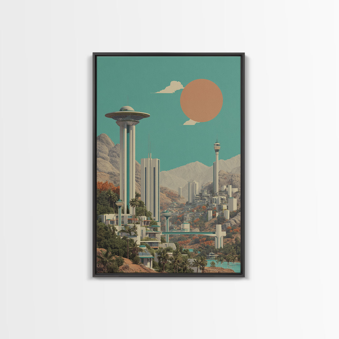 Futuristic Desert City With Saucer Tower Canvas Print, Midcentury Modern Wall Art, Sci Fi Retro Travel Poster Home Decor