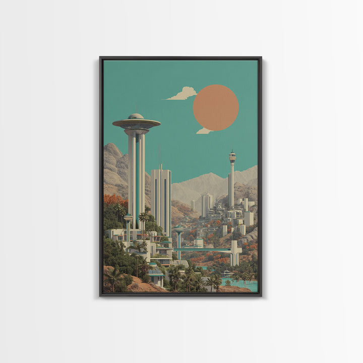 Futuristic Desert City With Saucer Tower Canvas Print, Midcentury Modern Wall Art, Sci Fi Retro Travel Poster Home Decor