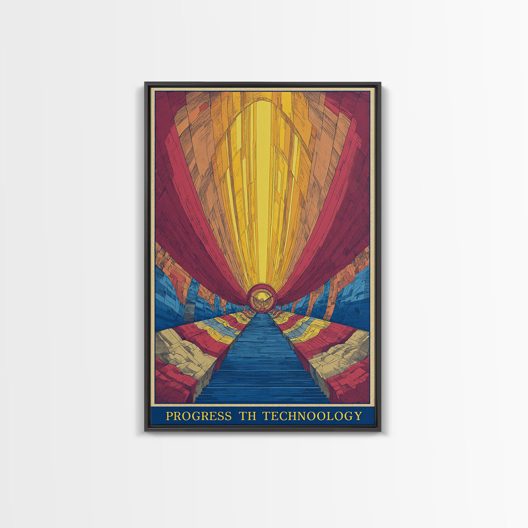 Glowing Futurist Technology Tunnel Wall Art, Retro Sci Fi Poster, Modern Abstract Art Print, Colorful Geometric Home Decor