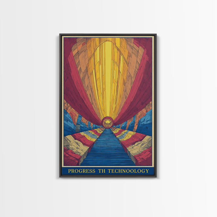 Glowing Futurist Technology Tunnel Wall Art, Retro Sci Fi Poster, Modern Abstract Art Print, Colorful Geometric Home Decor