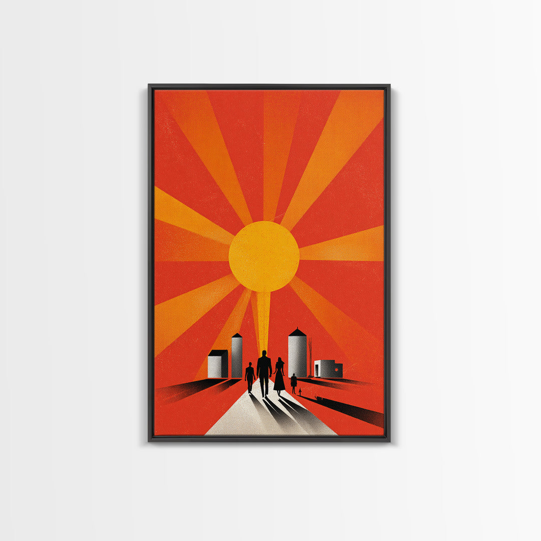 Family Silhouettes Walking Toward Sun Wall Art, Midcentury Modern Poster, Orange Retro Abstract Print, Inspirational Decor