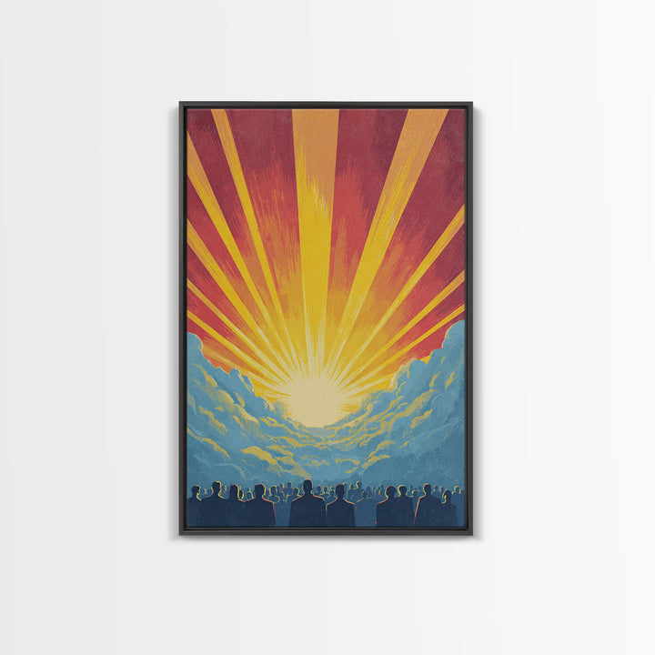 Radiant Sunrise Over Crowd Silhouette Canvas Print, Retro Sci Fi Wall Art, Inspirational Sun Poster, Colorful Home Decor