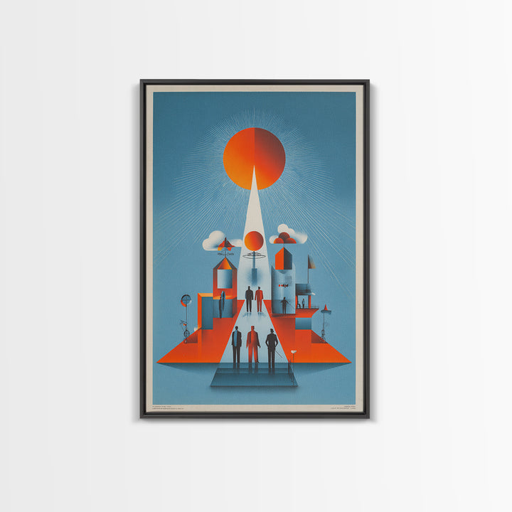 Futuristic Orange Sun City Wall Art, Midcentury Modern Art Print, Retro Geometric Poster, MCM Living Room Decor, Bold Blue Orange