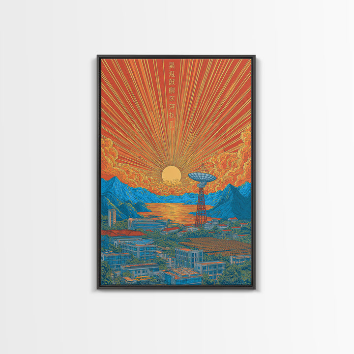 Japanese Sunrise Mountain Valley Canvas Print, Retro Travel Poster, Orange Blue Landscape Wall Decor, Midcentury Modern Art