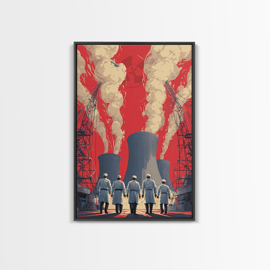 Nuclear Plant Workers Under Red Sky Framed Canvas Print, Industrial Wall Art, Retro Sci Fi Poster, Bold Statement Home Decor