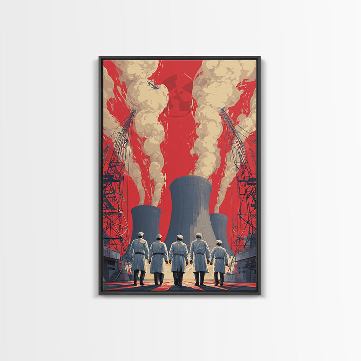 Nuclear Plant Workers Under Red Sky Framed Canvas Print, Industrial Wall Art, Retro Sci Fi Poster, Bold Statement Home Decor