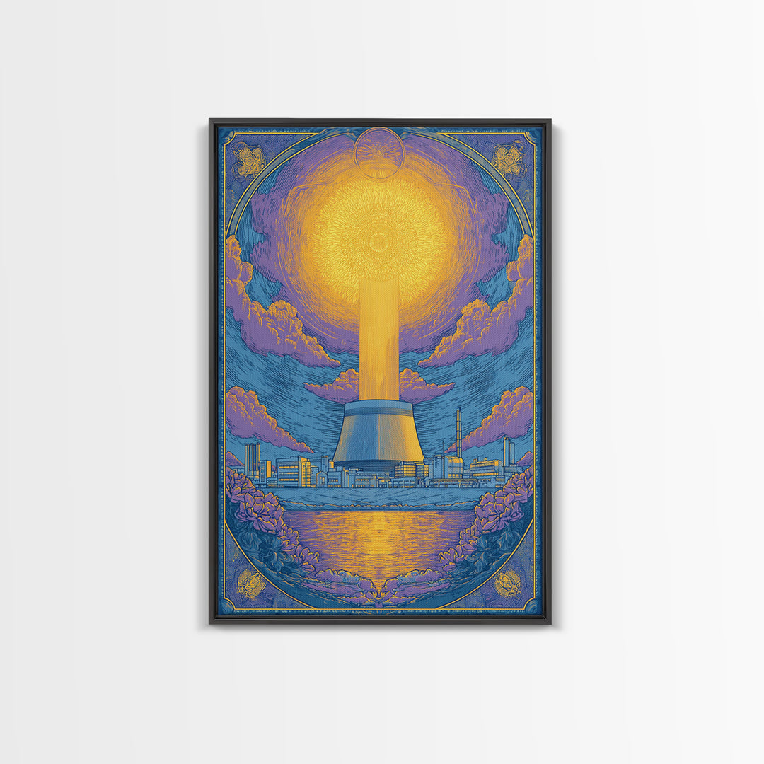 Ornate Radiant Nuclear Tower Wall Art, Art Nouveau Industrial Poster, Blue Gold Scenic Print, Spiritual Modern Statement Decor