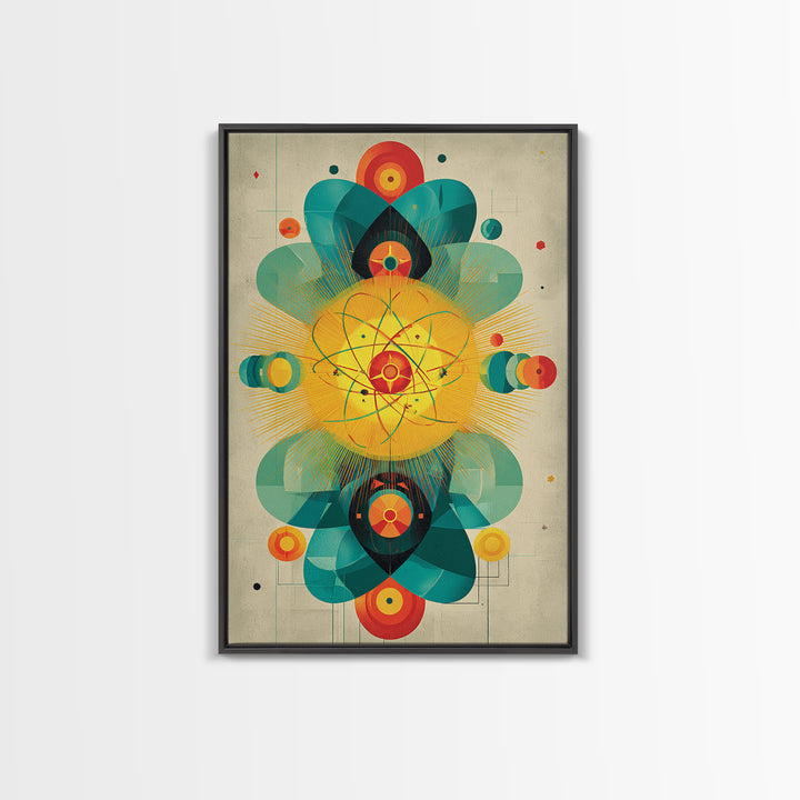 Atomic Flower Geometry Canvas Print, Midcentury Modern Abstract Art, Colorful Geometric Wall Decor, Retro Bauhaus Poster