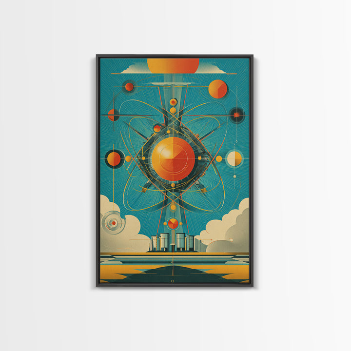 Atomic Orange Sun Orbit Wall Art, Midcentury Modern Abstract Space Poster, Teal Retro Geometric Decor, MCM Canvas Gift, Home Decor