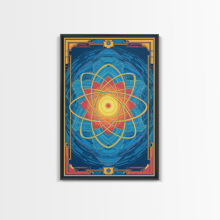 Radiant Atomic Mandala Framed Canvas Print, Midcentury Modern Art, Blue Geometric Wall Decor, Retro Sci Fi Home Poster Gift