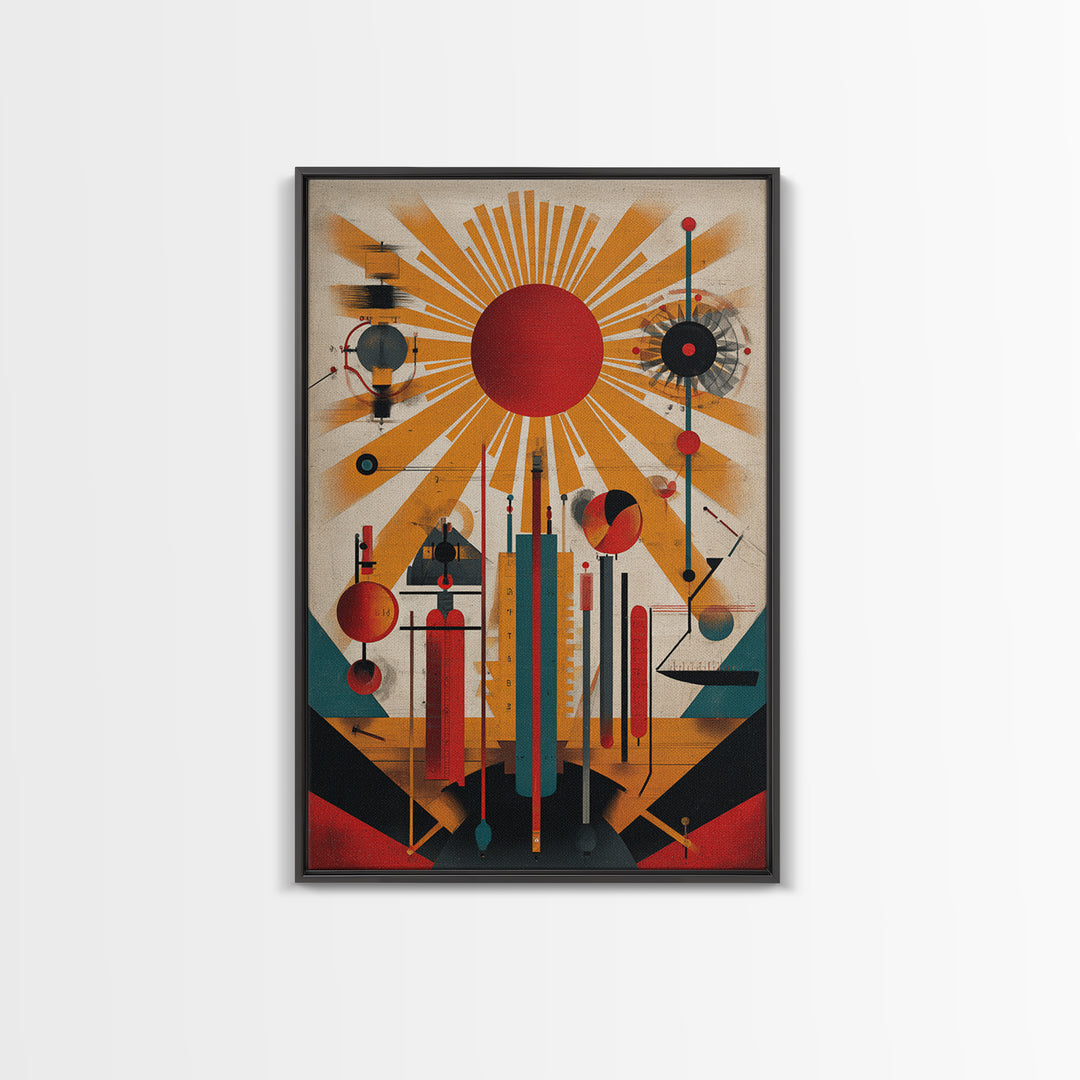 Red Sunburst Machine Wall Art, Midcentury Modern Abstract Poster, Bauhaus Geometric Print, Atomic Retro Office Decor Gift