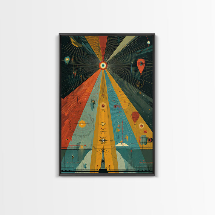 Prismatic Cosmic Beams Wall Art, Midcentury Modern Abstract Space Poster, Retro Geometric Sci Fi Decor, Colorful MCM Print