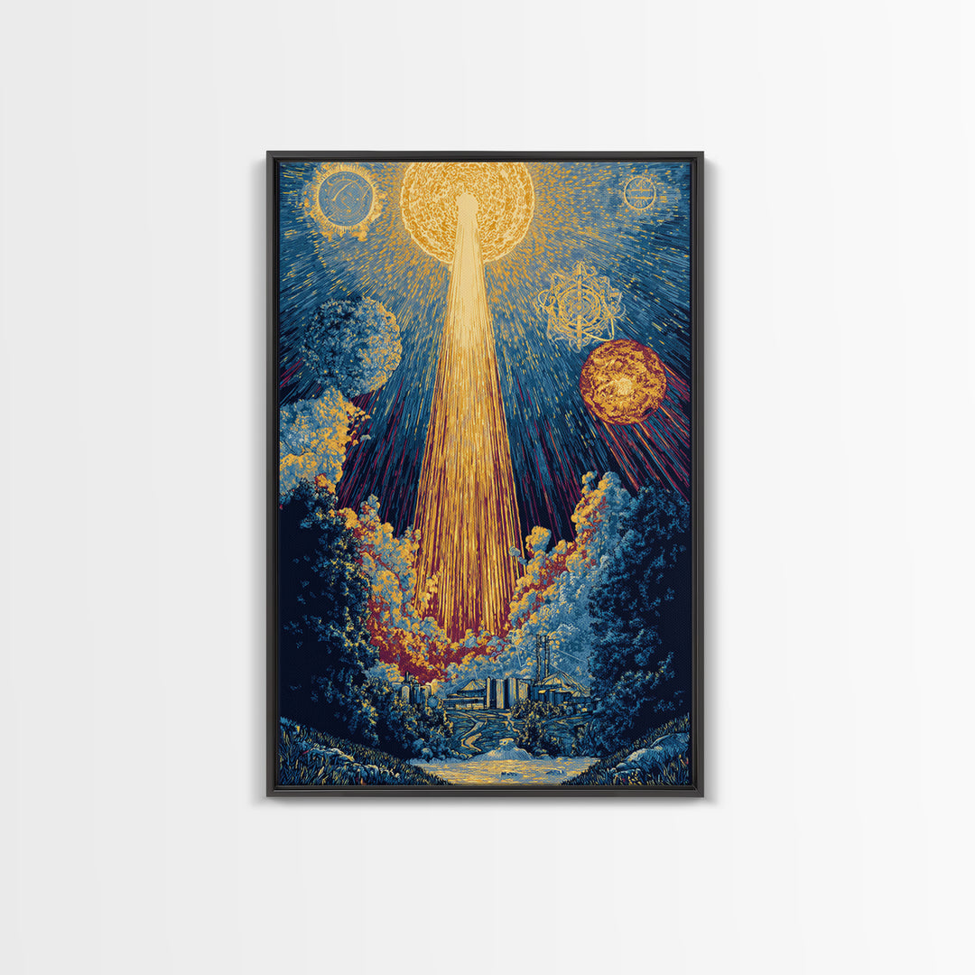 Golden Celestial Beam Canvas Print, Modern Abstract Art, Cosmic Sun Landscape Poster, Blue Yellow Wall Decor, Spiritual Gift