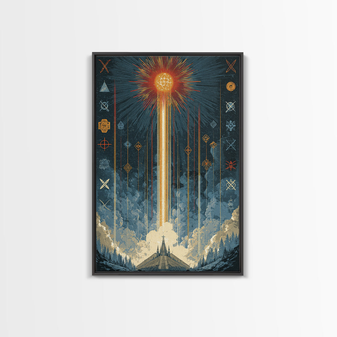Mystic Rocket Launch Wall Art, Midcentury Modern Space Poster, Celestial Sunburst Landscape, Retro Sci Fi Office Decor Print