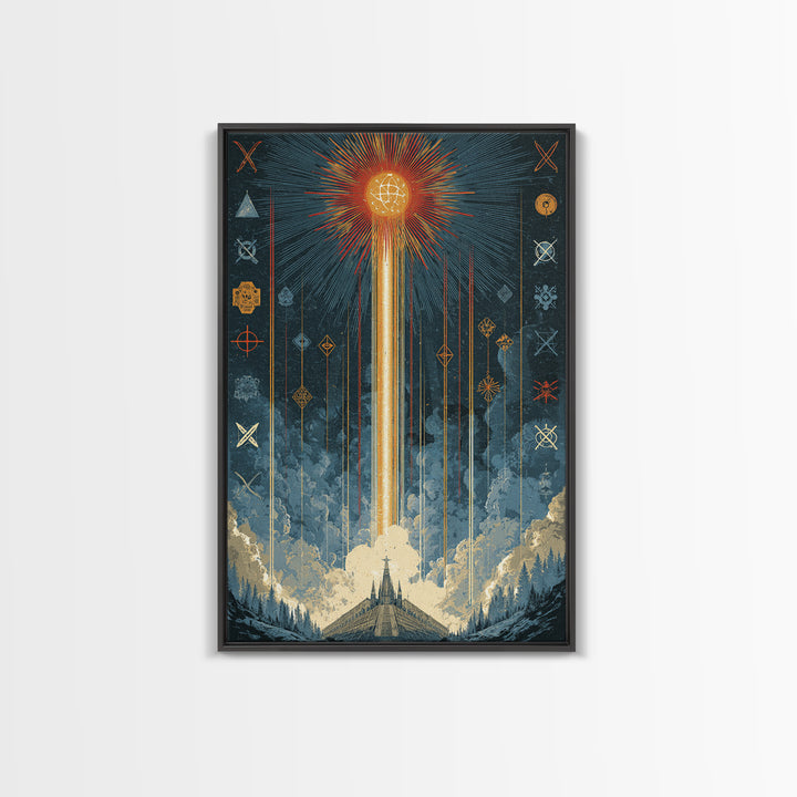 Mystic Rocket Launch Wall Art, Midcentury Modern Space Poster, Celestial Sunburst Landscape, Retro Sci Fi Office Decor Print