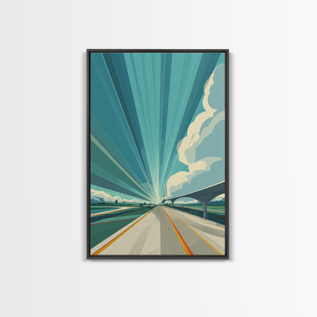 Futuristic Highway Light Rays Wall Art, Retro Modern Poster, Architectural Art, Travel Wall Art, Blue Geometric Office Decor