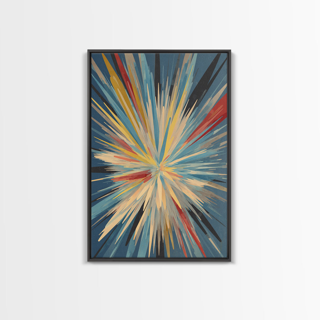Exploding Abstract Starburst Canvas Print, Modern Wall Art, Colorful Geometric Poster, Blue Red Yellow Midcentury Decor Gift