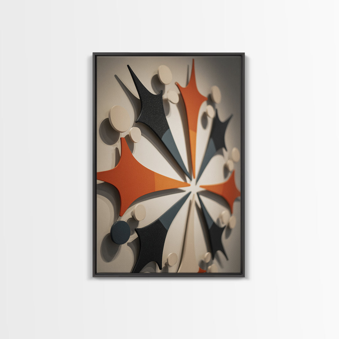 Orange Black Atomic Boomerang Wall Art, Midcentury Modern Decor, Geometric Retro Sculpture Canvas Print, MCM Gallery Poster