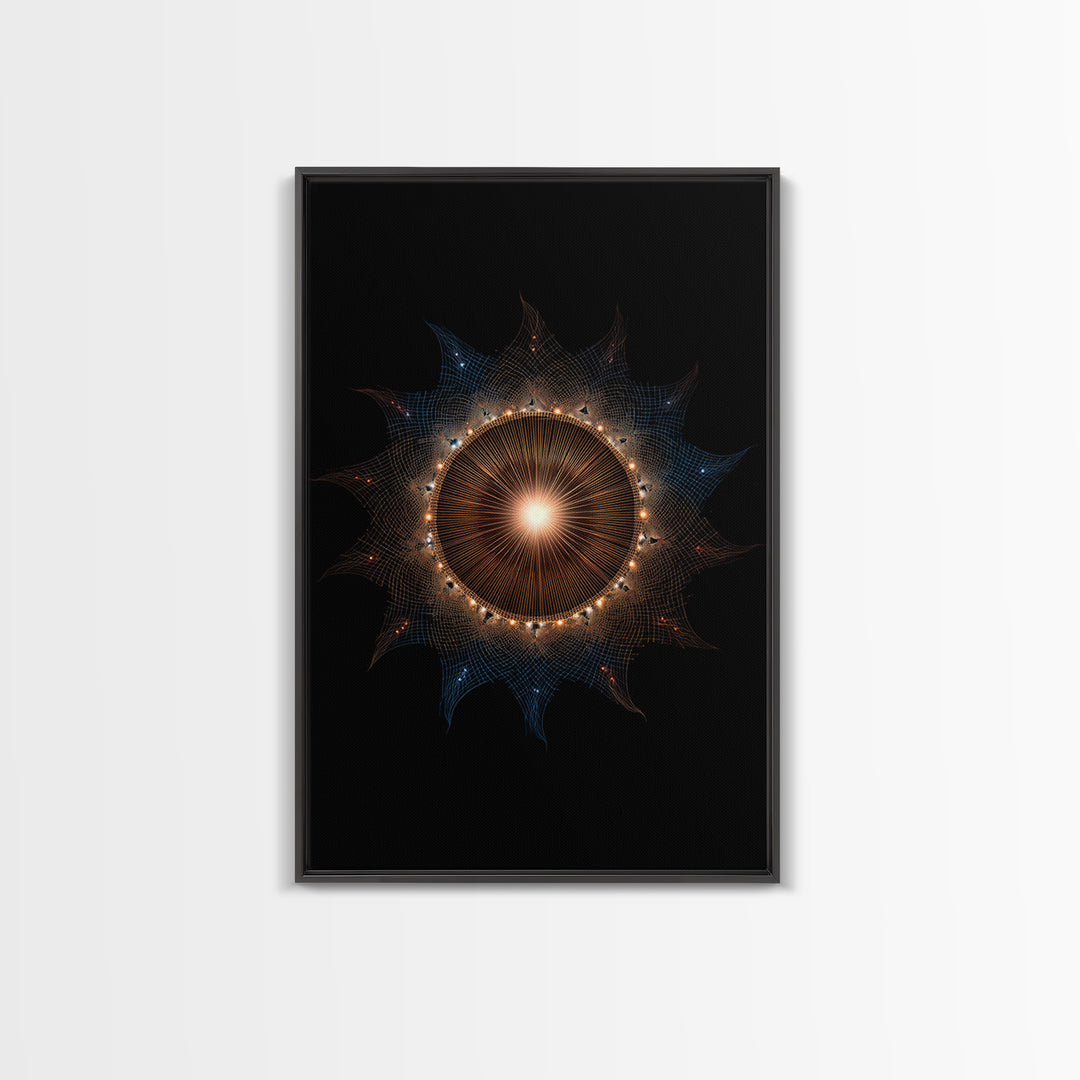 Glowing Eclipse Mandala Wall Art, Modern Abstract Art Print, Cosmic Geometric MCM Decor, Orange Blue Framed Canvas Print
