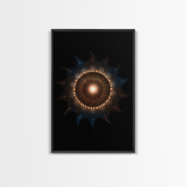 Glowing Eclipse Mandala Wall Art, Modern Abstract Art Print, Cosmic Geometric MCM Decor, Orange Blue Framed Canvas Print