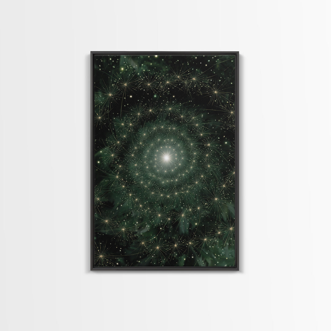 Green Celestial Dandelion Starfield Wall Art, Modern Abstract Art Print, Nature Space Decor, Botanical Canvas Print Poster