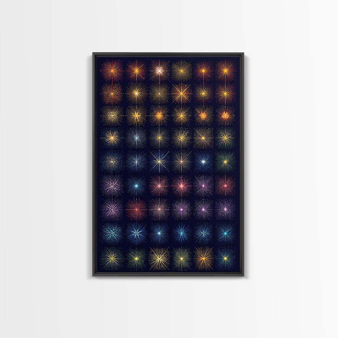Glowing Starburst Fireworks Grid Wall Art, Midcentury Modern Art Print, Atomic Retro Poster, Dark Navy Living Room Decor