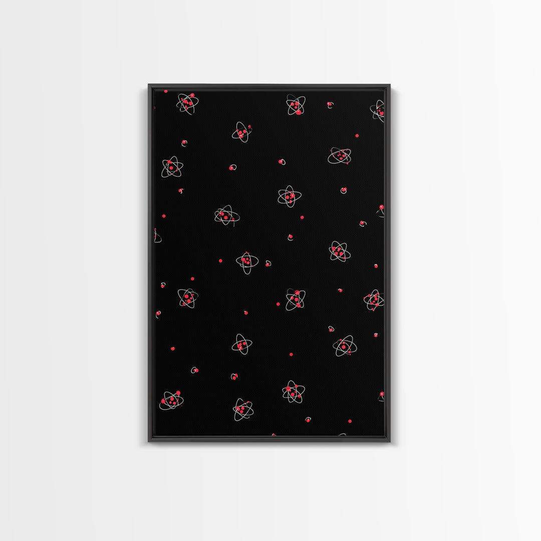 Tiny Red Atomic Dots On Black Canvas Print, Midcentury Modern Art, Retro Science Poster, Space Abstract Wall Decor, MCM Gift