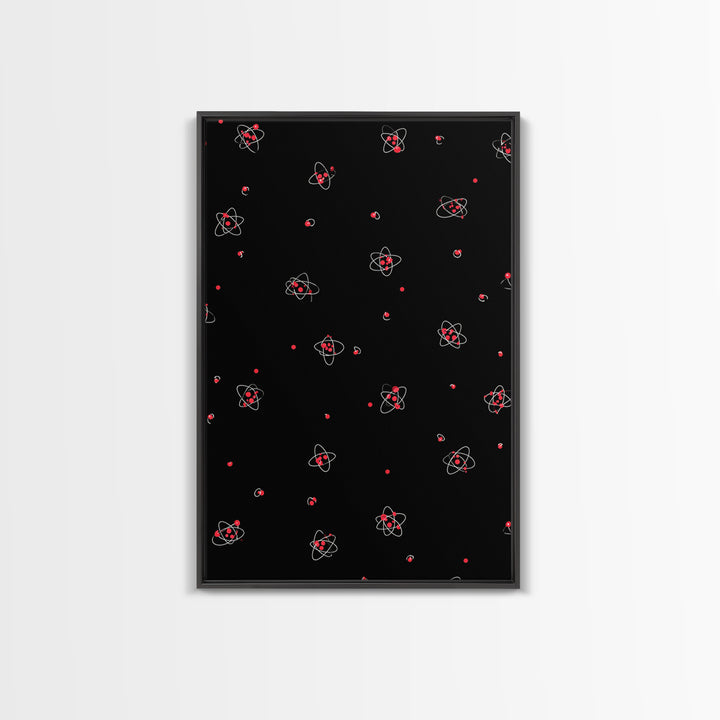 Tiny Red Atomic Dots On Black Canvas Print, Midcentury Modern Art, Retro Science Poster, Space Abstract Wall Decor, MCM Gift