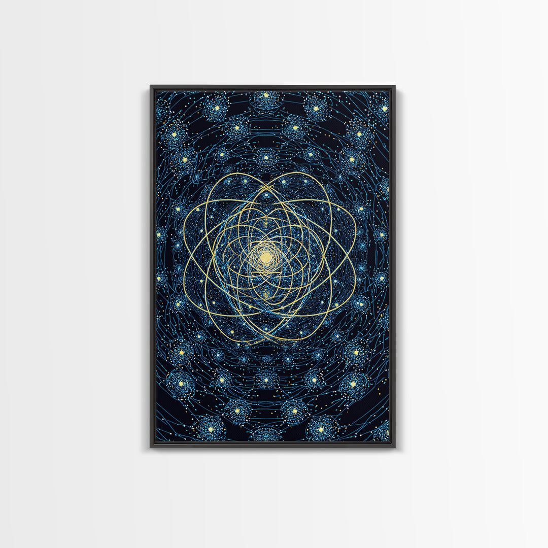 Blue Gold Cosmic Atom Mandala Wall Art, Midcentury Modern Art, Space Abstract Art, Geometric Wall Decor For Home Office, MCM Print