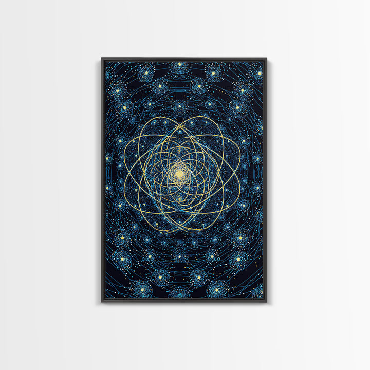 Blue Gold Cosmic Atom Mandala Wall Art, Midcentury Modern Art, Space Abstract Art, Geometric Wall Decor For Home Office, MCM Print