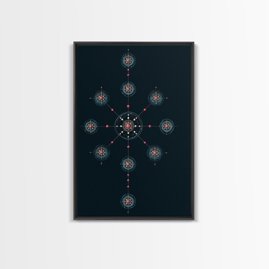Dark Teal Atomic Molecule Diagram Framed Canvas Print, Modern Abstract Art, Midcentury Wall Art, Geometric Office Wall Decor