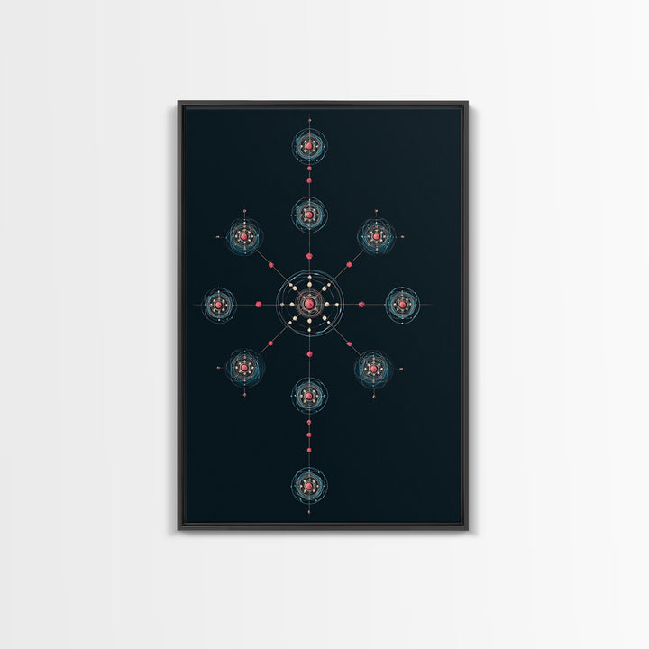 Dark Teal Atomic Molecule Diagram Framed Canvas Print, Modern Abstract Art, Midcentury Wall Art, Geometric Office Wall Decor