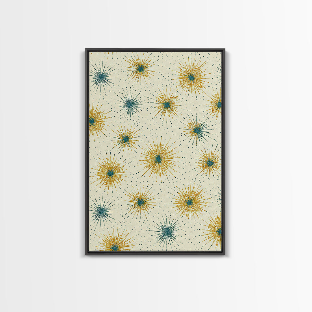 Mustard Teal Atomic Starburst Canvas Print, Midcentury Modern Art, Retro Geometric Wall Art, Scandinavian MCM Decor Gift