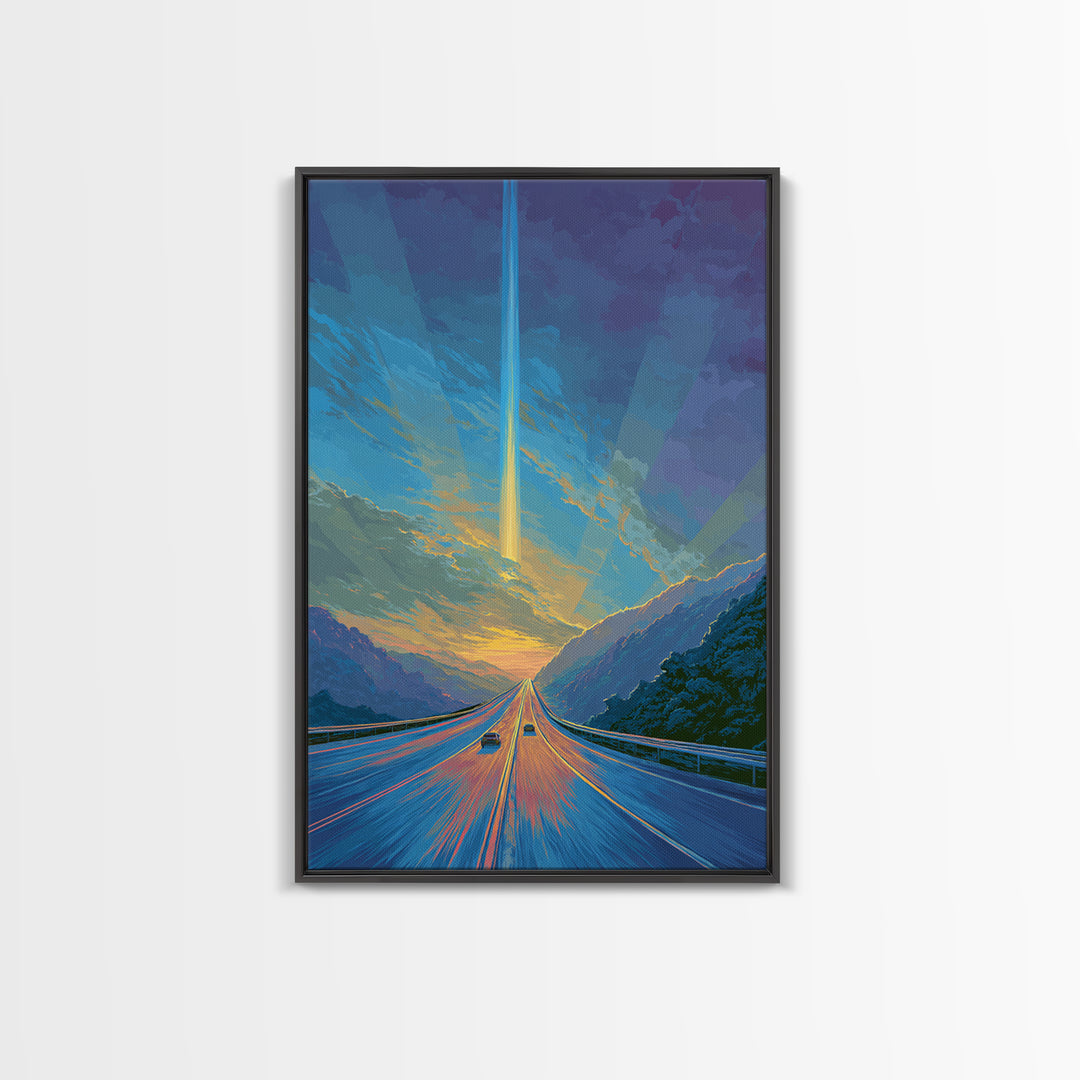 Mountain Highway Sunset Beam Canvas Print, Scenic Travel Wall Art, Modern Digital Art, Blue Orange Landscape Office Decor