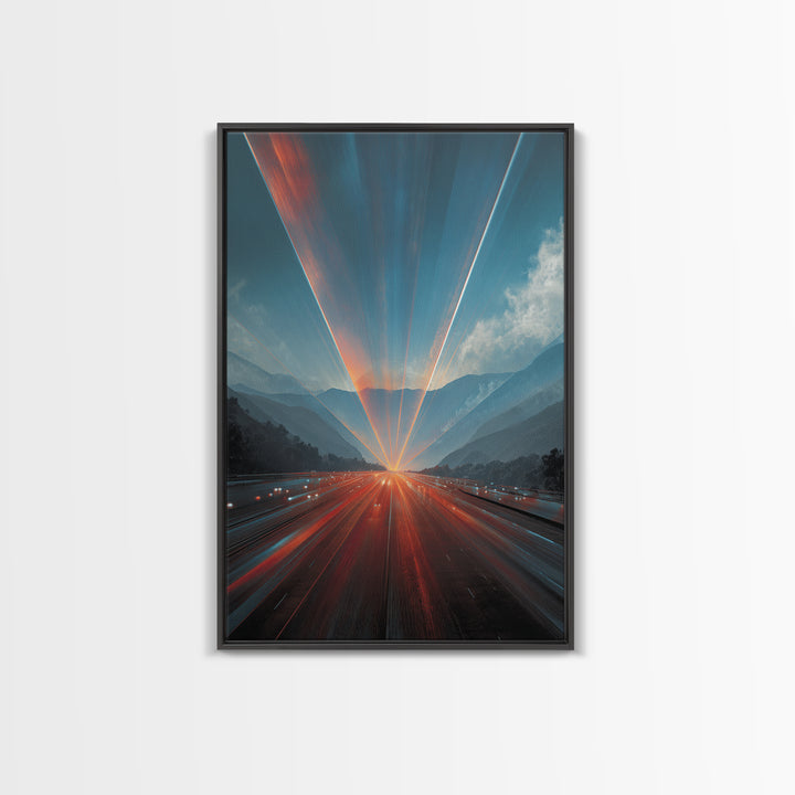 Sunrise Mountain Freeway Light Trails Wall Art, Modern Abstract Art, Scenic Travel Poster, Blue Orange Office Decor Print