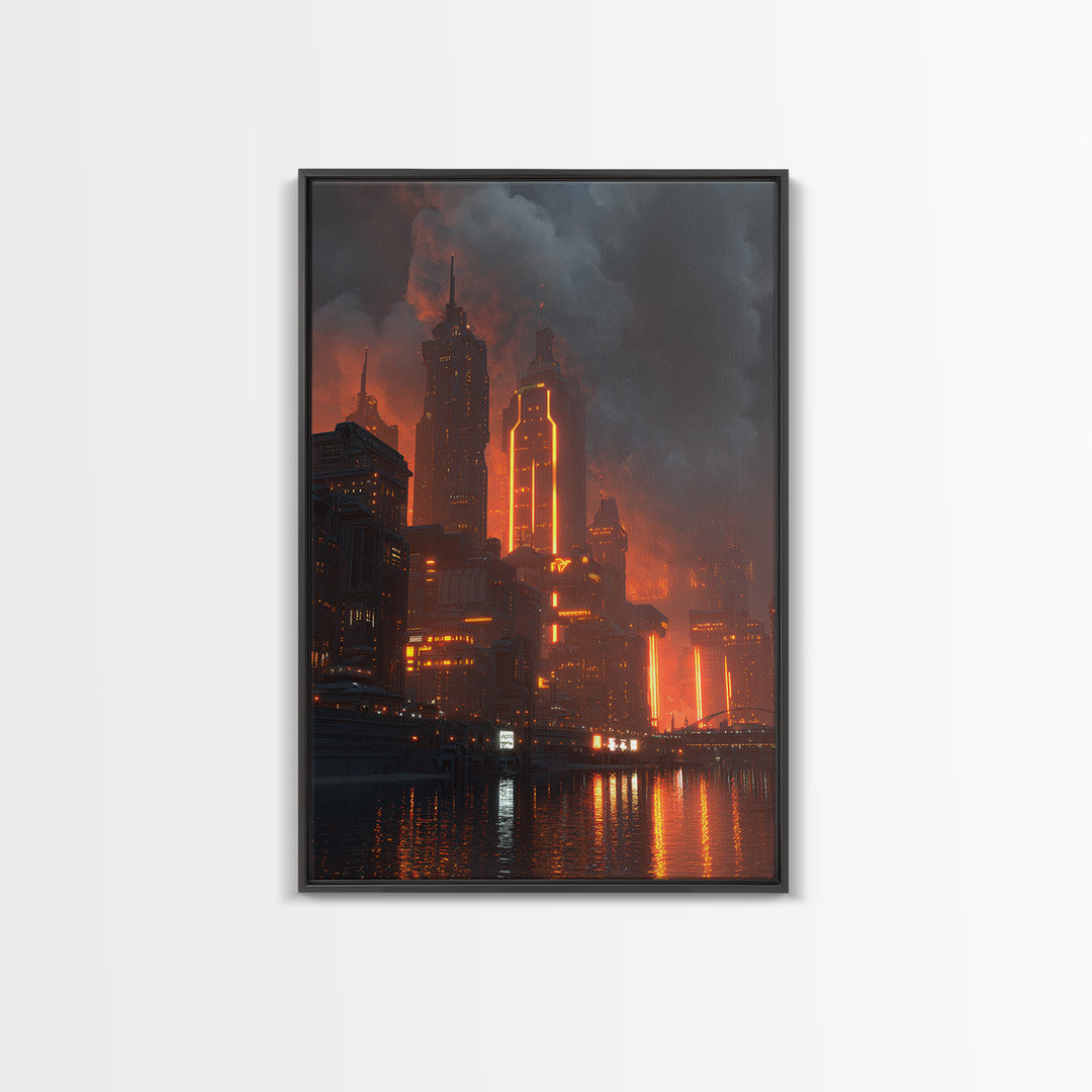 Burning Neon Futuristic Skyline Framed Canvas Print, Modern Wall Art, Dark Sci Fi City Poster, Orange Black Industrial Decor