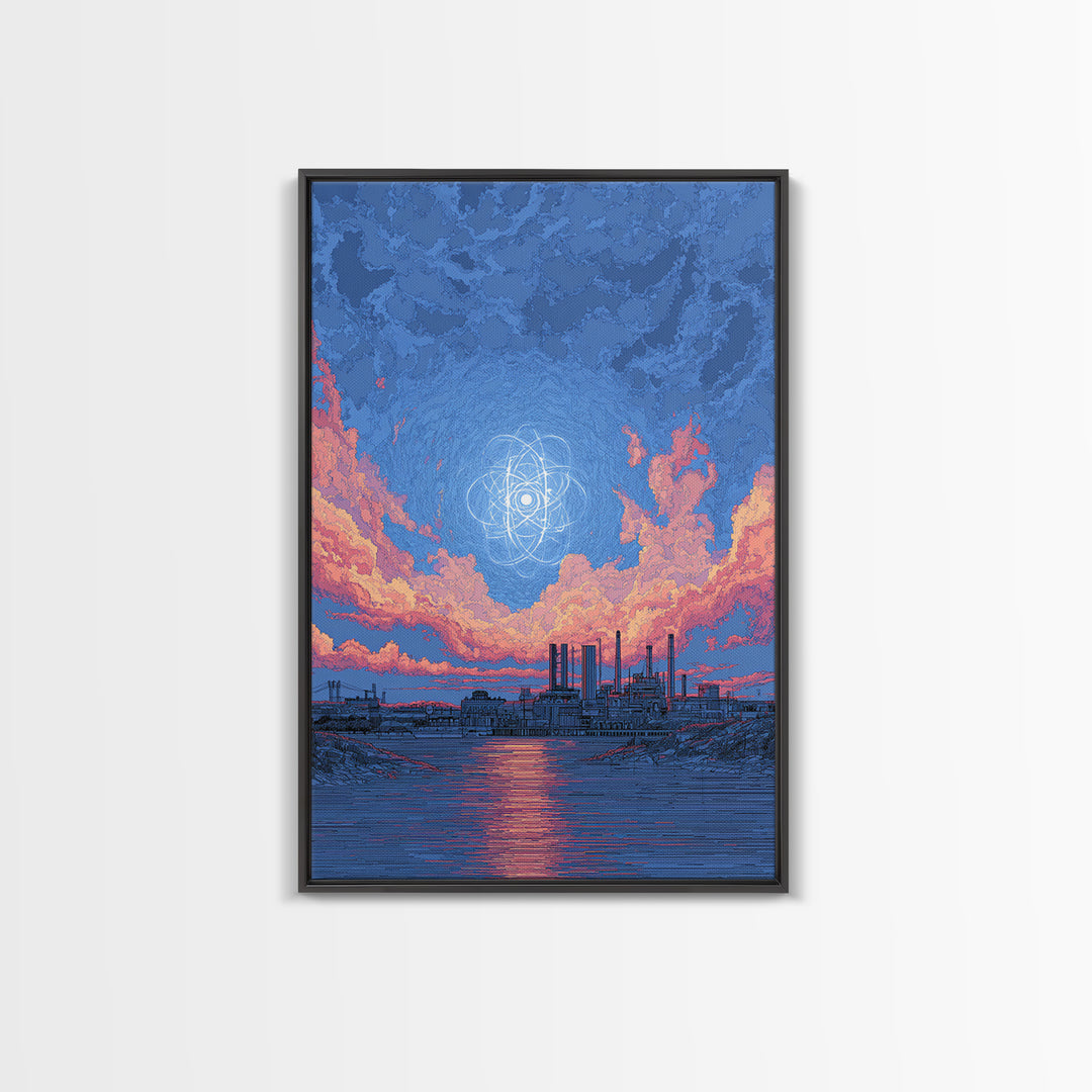 Industrial Waterfront With Atomic Pink Clouds Canvas Print, Mid Century Modern Wall Art, Retro Sci Fi Poster, Blue Wall Decor