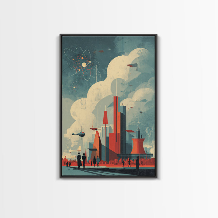 Retro Futuristic City With Red Towers Canvas Print, Mid Century Modern Wall Art, Atomic Sci Fi Poster, Geometric Home Decor