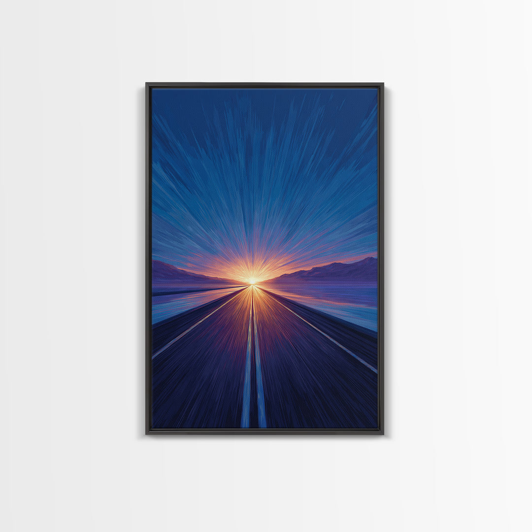 Blue Lakeside Sunset Road Canvas Print, Modern Wall Art, Scenic Travel Poster, Large Abstract Art, Bedroom Home Decor Gift