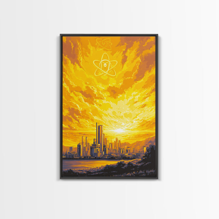 Golden Atomic Skyline At Sunset Framed Canvas Print, Mid Century Modern Wall Art, Yellow Poster, Retro Futuristic City Decor