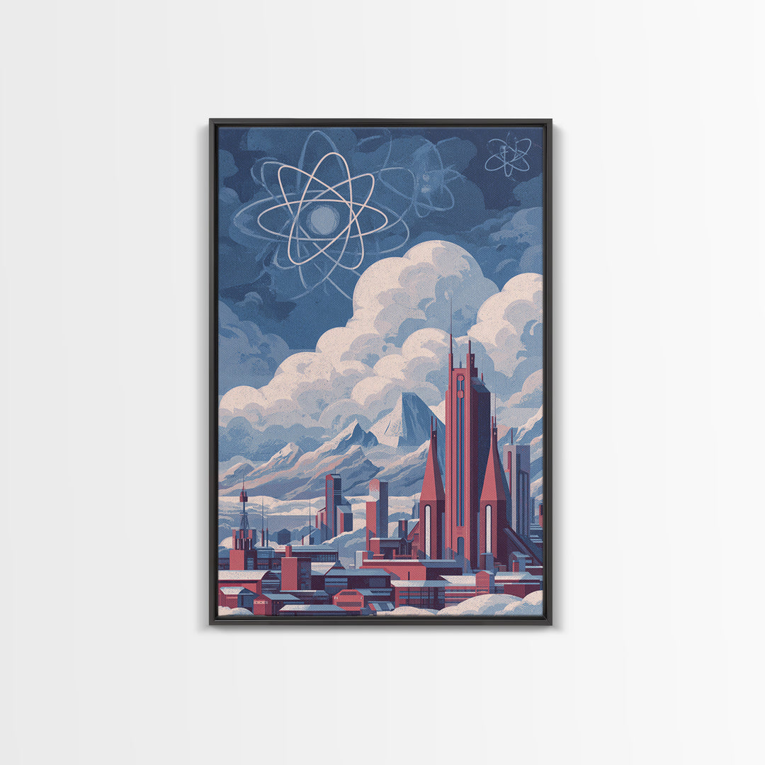 Atomic Futuristic City Under Clouds Wall Art, Retro Sci Fi Skyline, Midcentury Modern Art, Space Age Decor, MCM Poster Prints