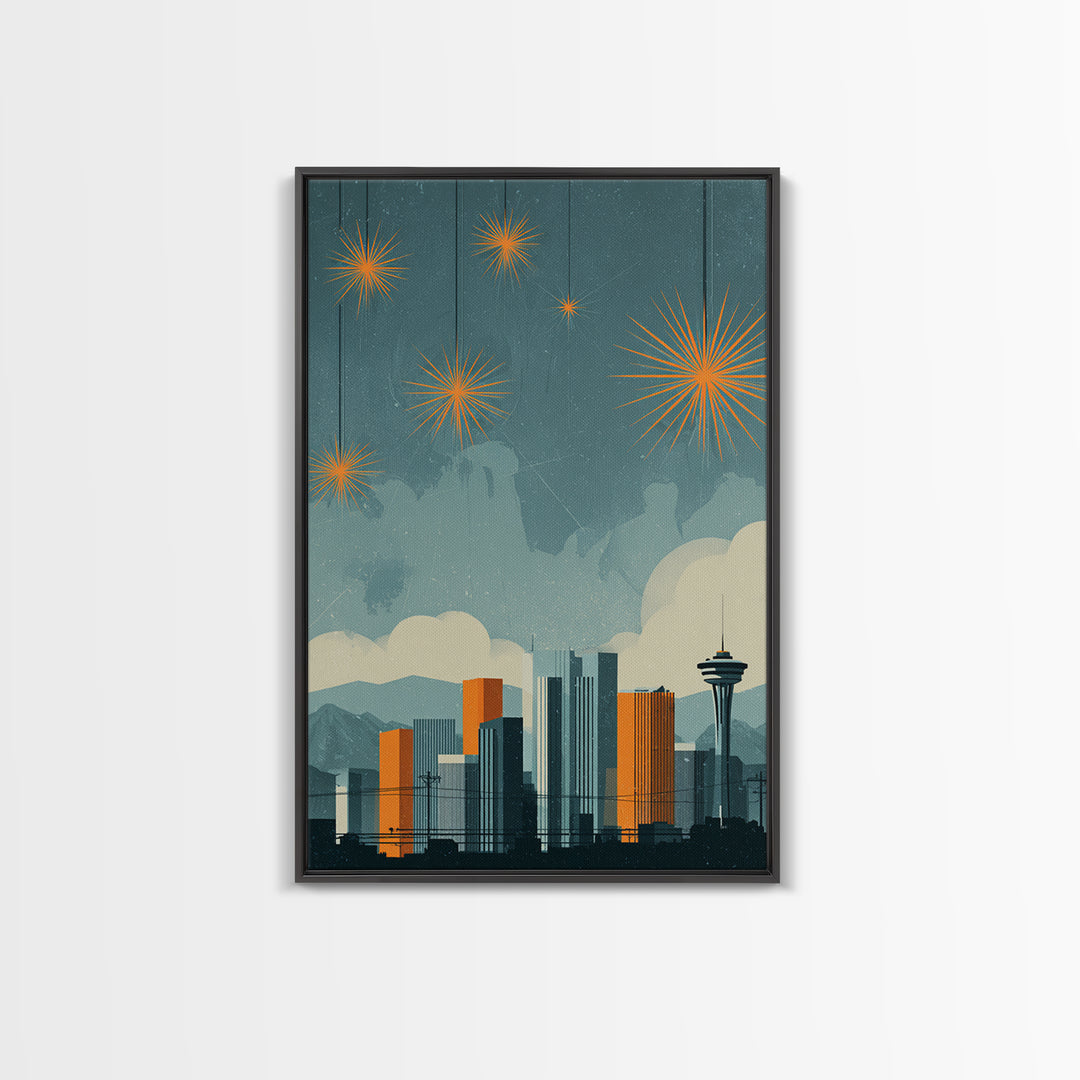 Seattle Skyline With Orange Starbursts Wall Art, Midcentury Modern Decor, Space Needle Print, Retro Cityscape Poster Home Decor