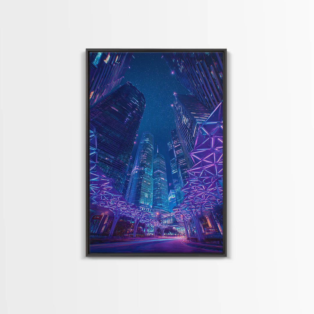 Neon Cyberpunk Skyscraper City Canvas Print, Modern Wall Art, Blue Purple Urban Night Poster Print, Contemporary Office Decor