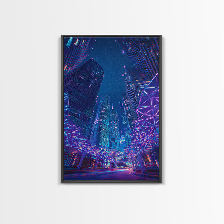 Neon Cyberpunk Skyscraper City Canvas Print, Modern Wall Art, Blue Purple Urban Night Poster Print, Contemporary Office Decor