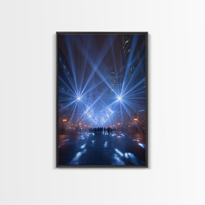 Rainy Night City Light Beams Wall Art, Modern Urban Photography Print, Blue Black Office Decor, Dramatic Skyline Poster Print