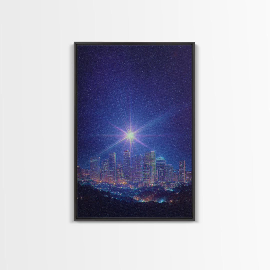 Bright Star Over Night Skyline Canvas Print, Modern Wall Art, Blue City Lights Poster, Space Abstract Art, Bedroom Decor Print